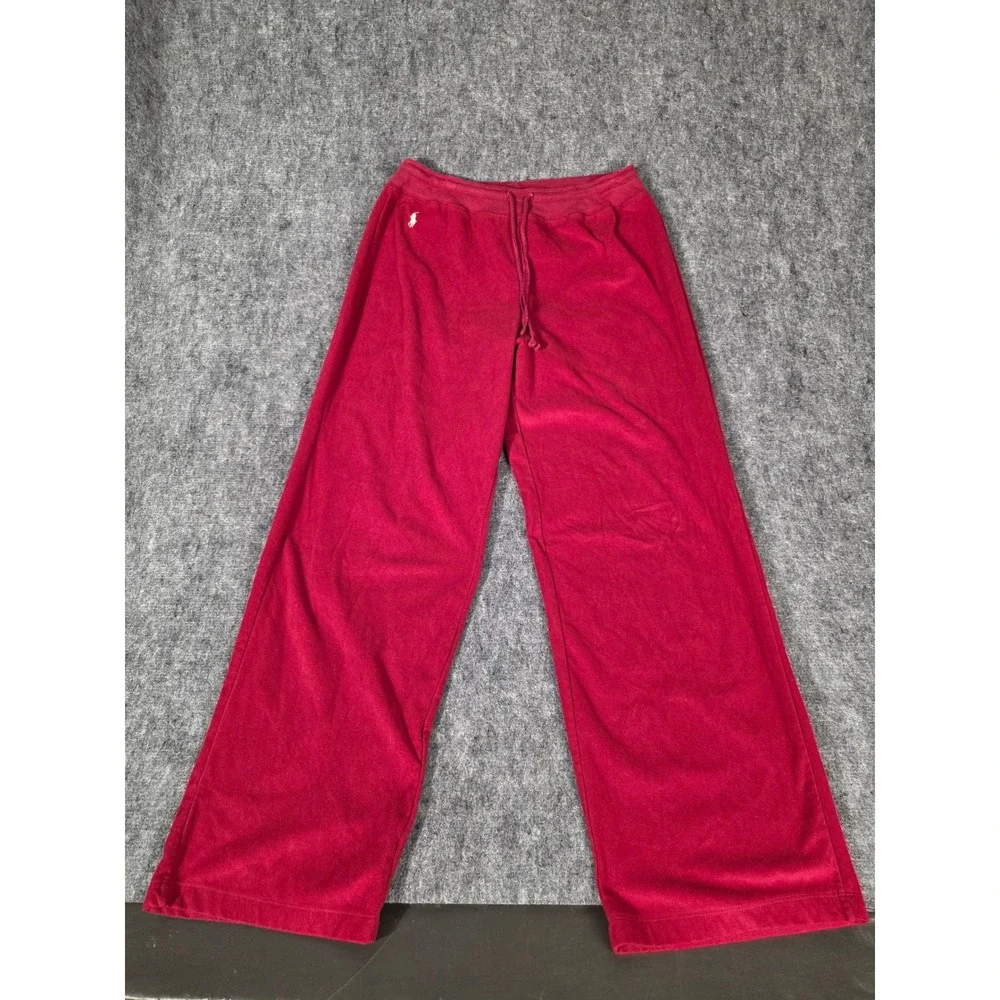 Ralph Lauren Pants Womens Small Velour Wide Leg Red Drawstring Lounge Fleece